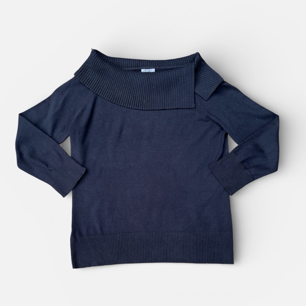 Ann Taylor Asymmetrical Fold-over Ribbed Neck Sweater in Black Size Med